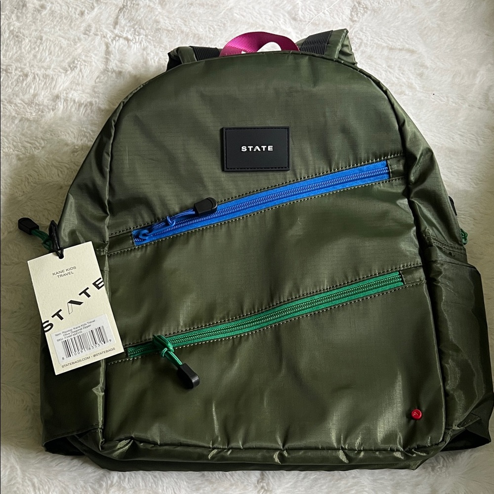 STATE Olive Backpack with Blue and Green Zippers